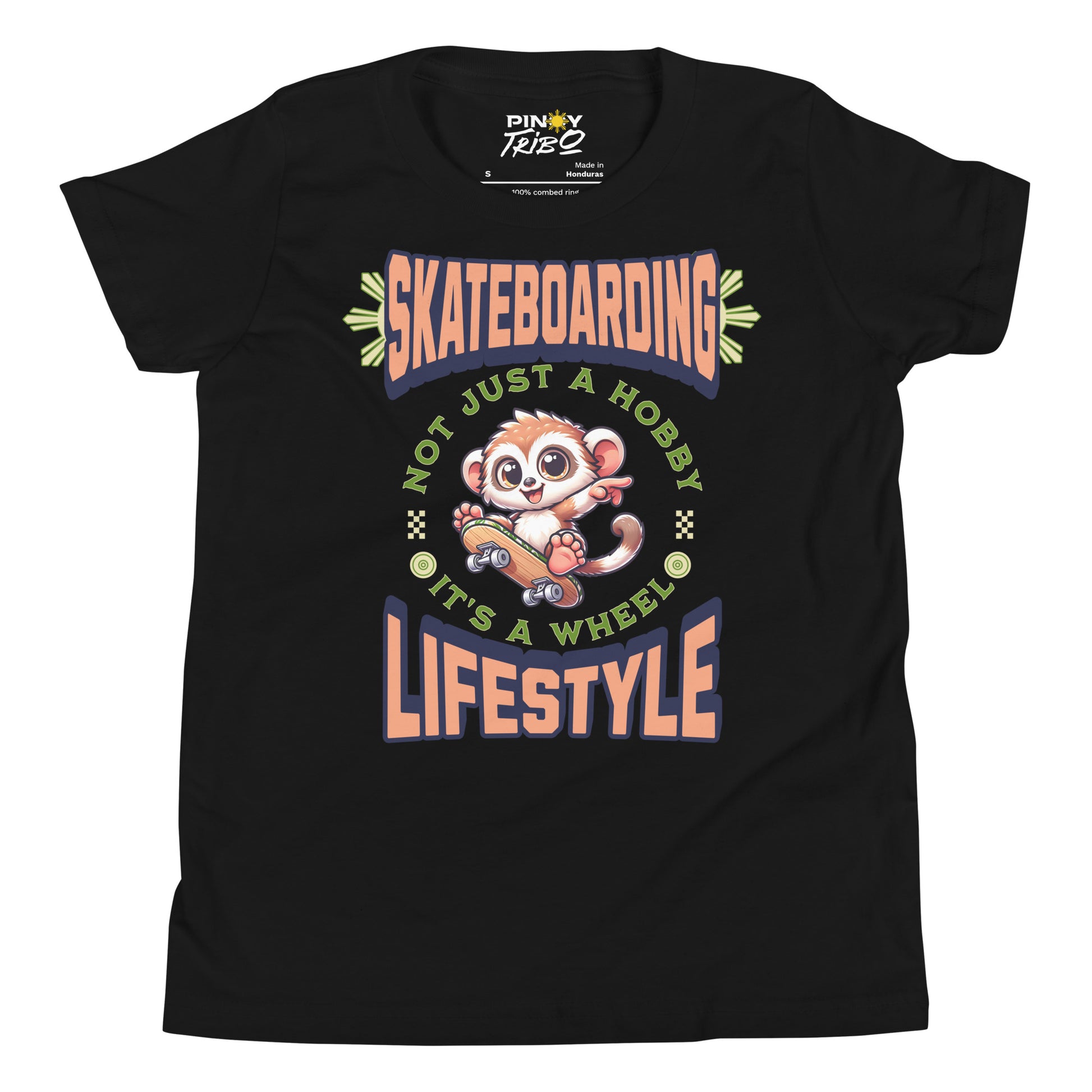 Cute cartoon Philippine tarsier riding a skateboard with the text “Skateboarding Not Just a Hobby, It’s a Wheel Lifestyle” on a youth t-shirt design.