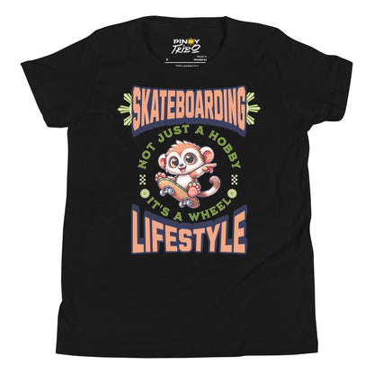 Cute cartoon Philippine tarsier riding a skateboard with the text “Skateboarding Not Just a Hobby, It’s a Wheel Lifestyle” on a youth t-shirt design.