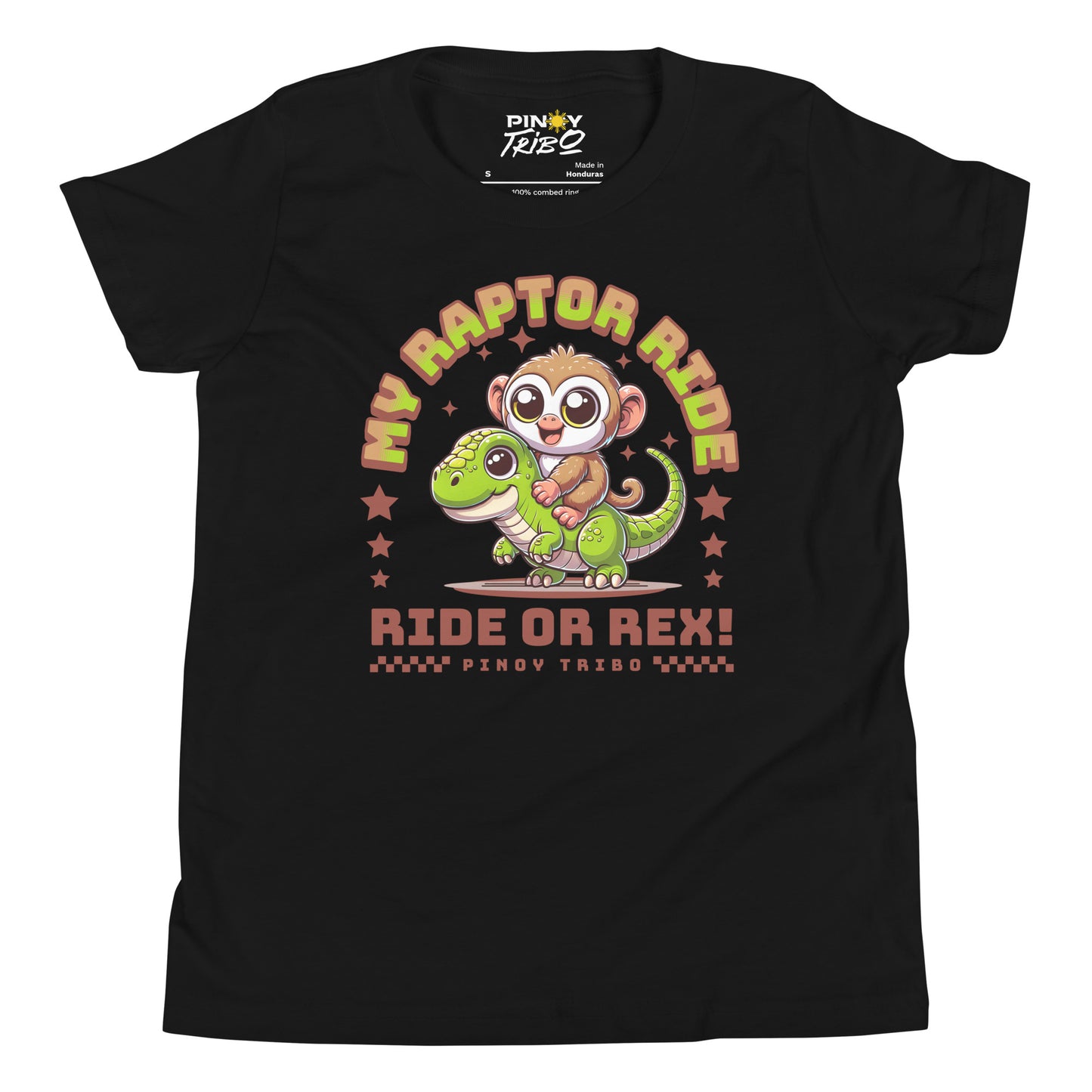 Cute cartoon Philippine tarsier riding a green dinosaur with stars and the text “My Raptor Ride, Ride or Rex!” on a youth t-shirt design.