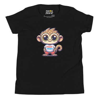 Cute cartoon Philippine tarsier wearing a t-shirt with the text “Pinoy Tribo” on a youth t-shirt design.