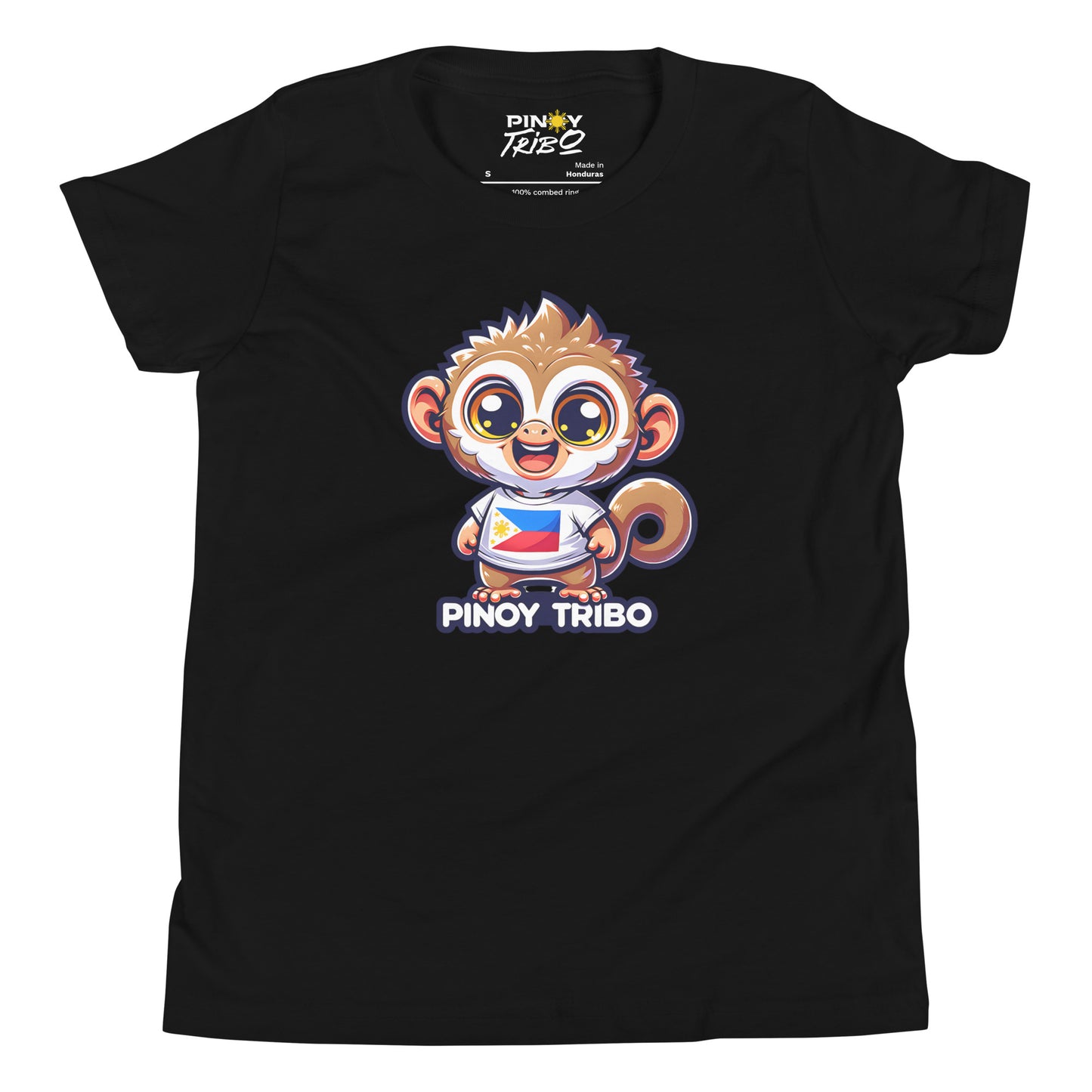 Cute cartoon Philippine tarsier wearing a shirt with the Philippine flag and “Pinoy Tribo” text on a youth t-shirt design.