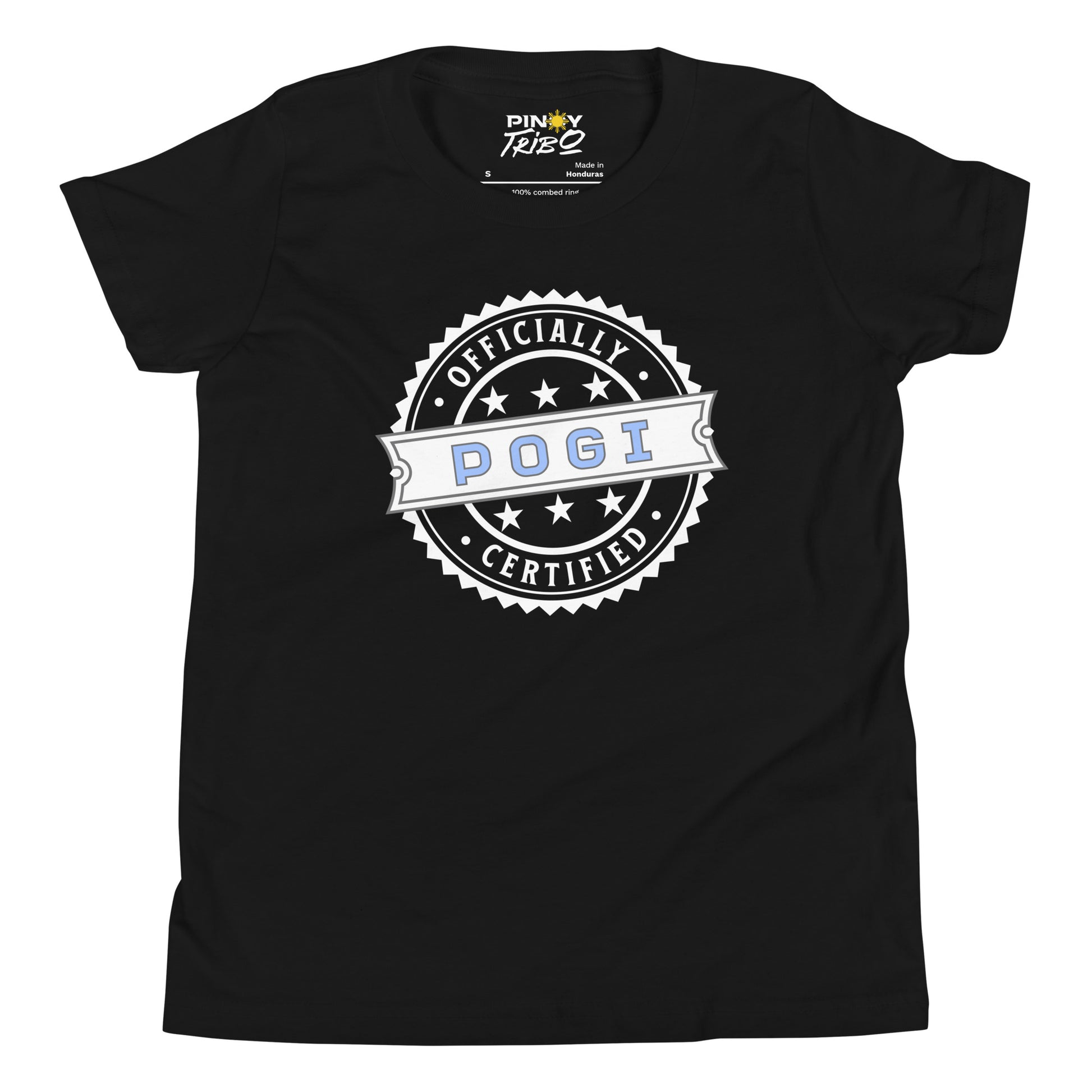 Circular badge design with the words “Officially Certified Pogi” on a youth t-shirt.