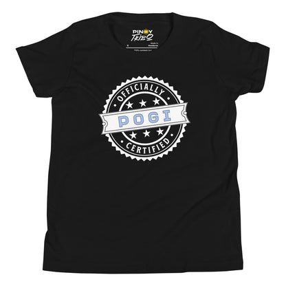 Circular badge design with the words “Officially Certified Pogi” on a youth t-shirt.