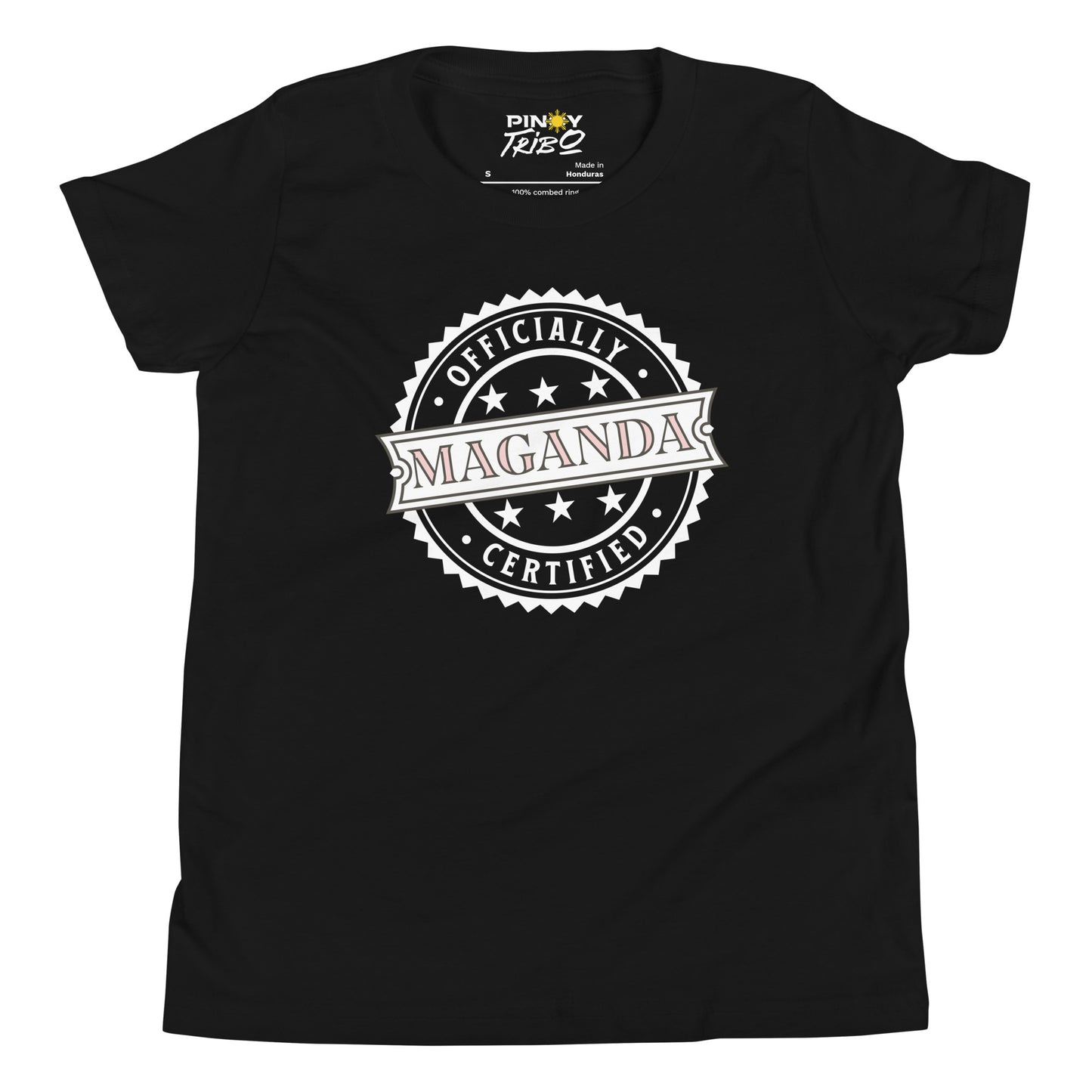 Circular badge design with the words “Officially Certified Maganda” on a youth t-shirt.