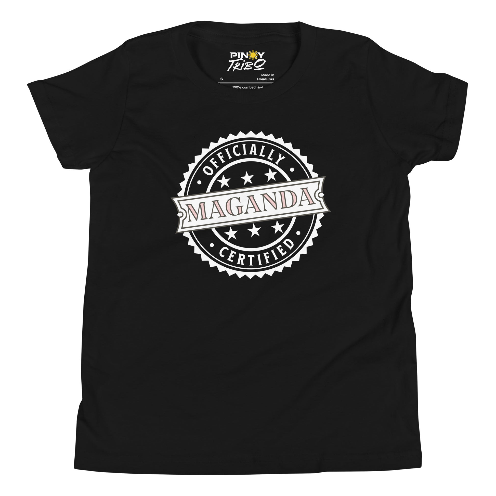 Circular badge design with the words “Officially Certified Maganda” on a youth t-shirt.