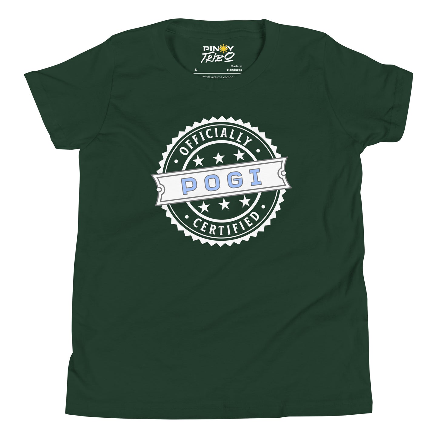 Circular badge design with the words “Officially Certified Pogi” on a youth t-shirt.