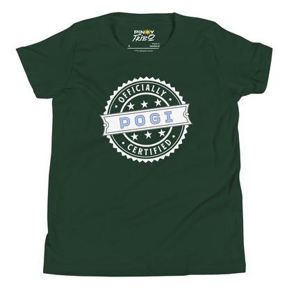 Circular badge design with the words “Officially Certified Pogi” on a youth t-shirt.