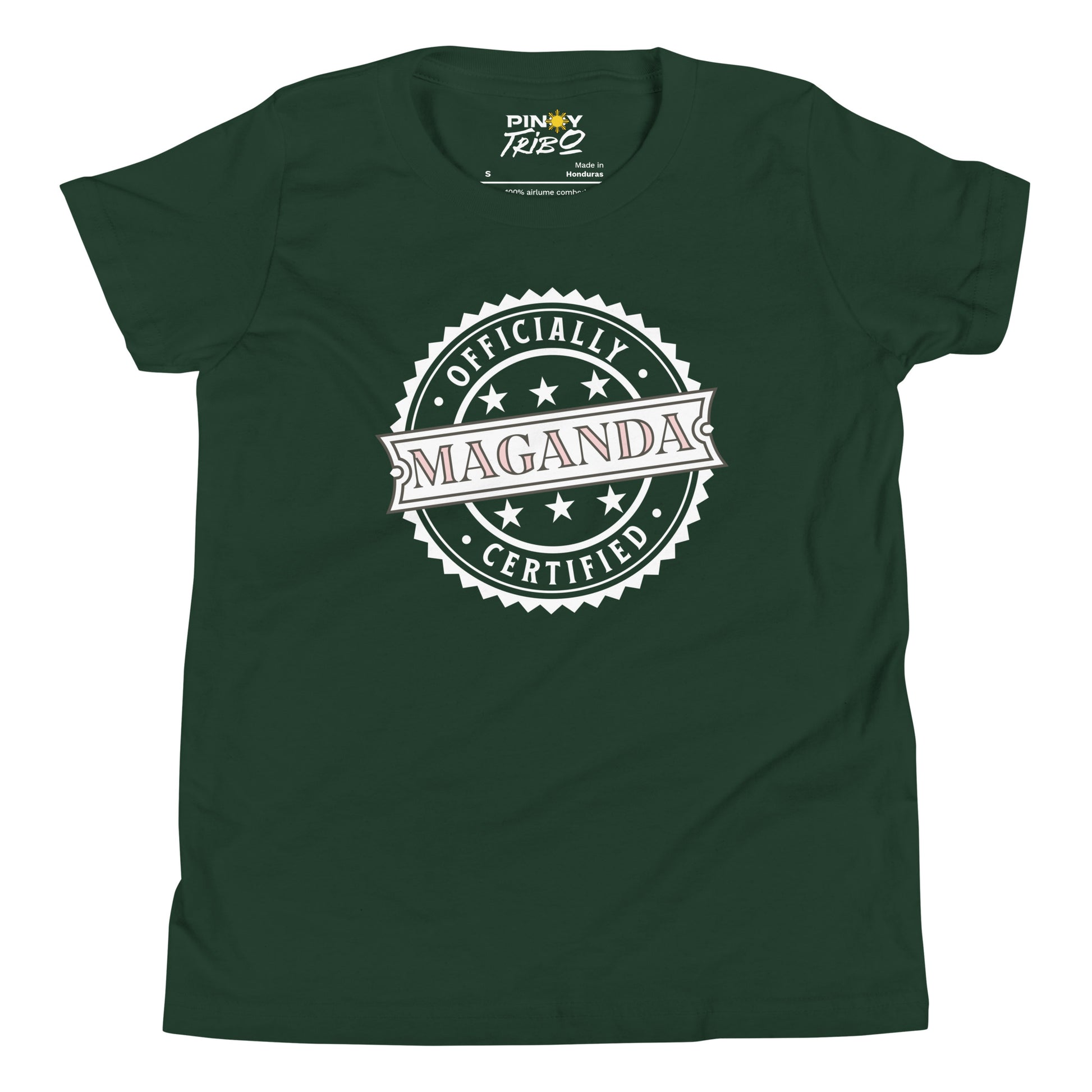 Circular badge design with the words “Officially Certified Maganda” on a youth t-shirt.
