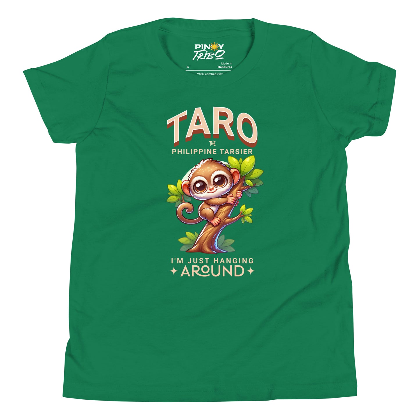 Cartoon Philippine tarsier named Taro hanging on a tree with “I’m just hanging around” text, featured on a Filipino youth t-shirt design.