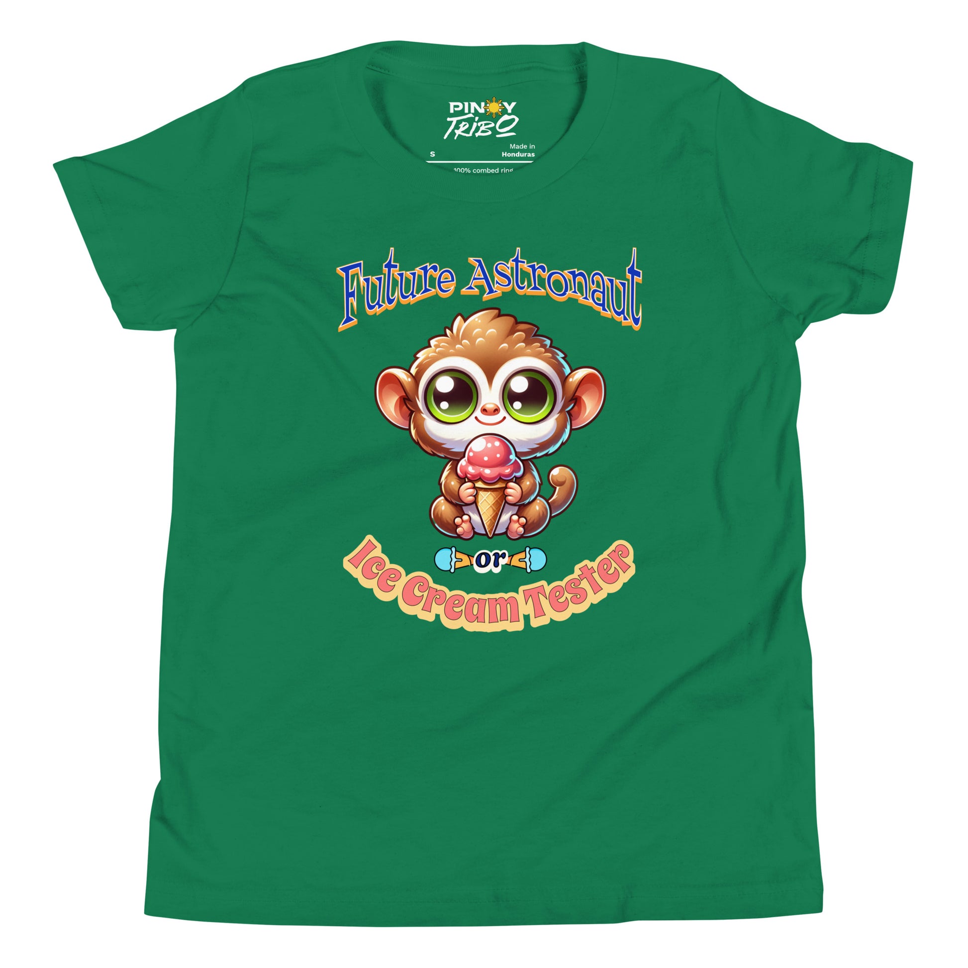 Cute cartoon Philippine tarsier named Taro holding an ice cream cone with “Future Astronaut or Ice Cream Tester” text on a youth t-shirt design.