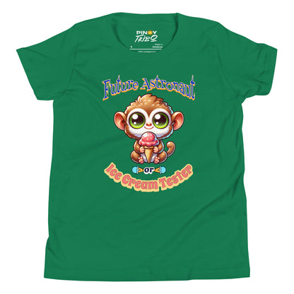 Cute cartoon Philippine tarsier named Taro holding an ice cream cone with “Future Astronaut or Ice Cream Tester” text on a youth t-shirt design.