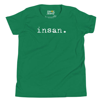 Minimalist white text “insan.” in a typewriter-style font on a youth t-shirt design.