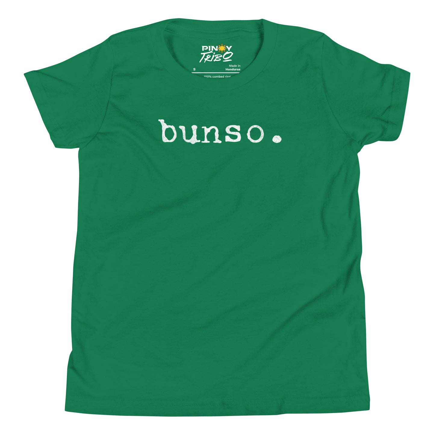 Minimalist white text “bunso.” in a typewriter-style font on a youth t-shirt design.