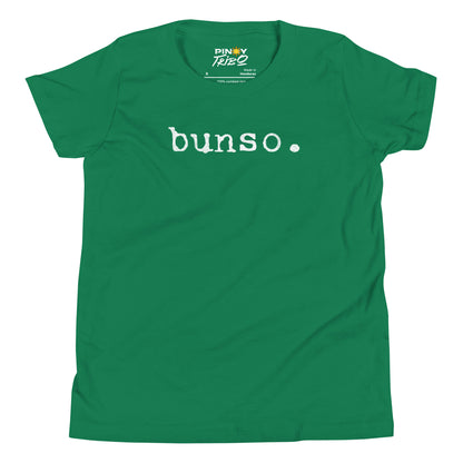 Minimalist white text “bunso.” in a typewriter-style font on a youth t-shirt design.