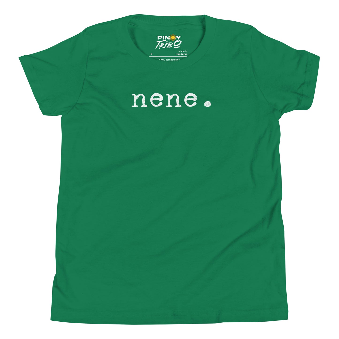 Minimalist white text “nene.” in a typewriter-style font on a youth t-shirt design.