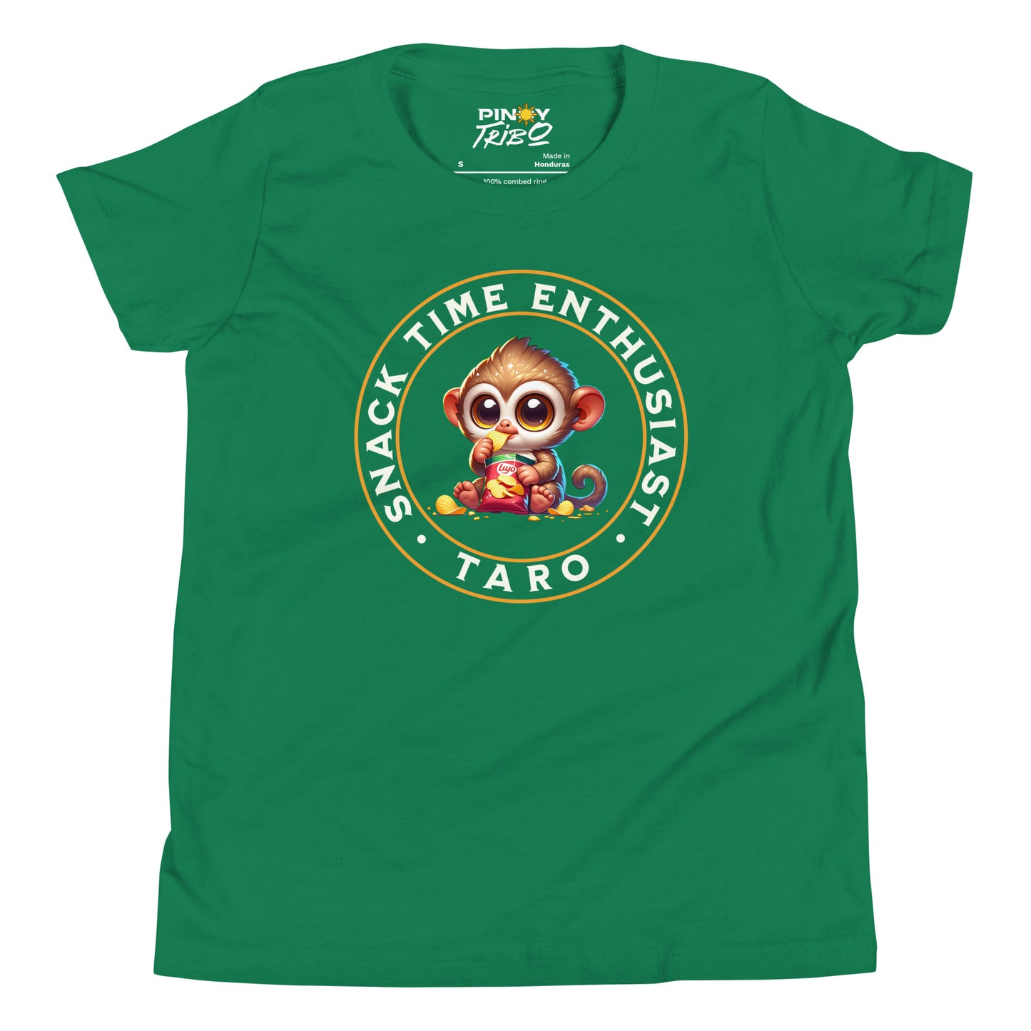 Cute cartoon Philippine tarsier named Taro eating chips with “Snack Time Enthusiast” text in a circular badge on a youth t-shirt design.