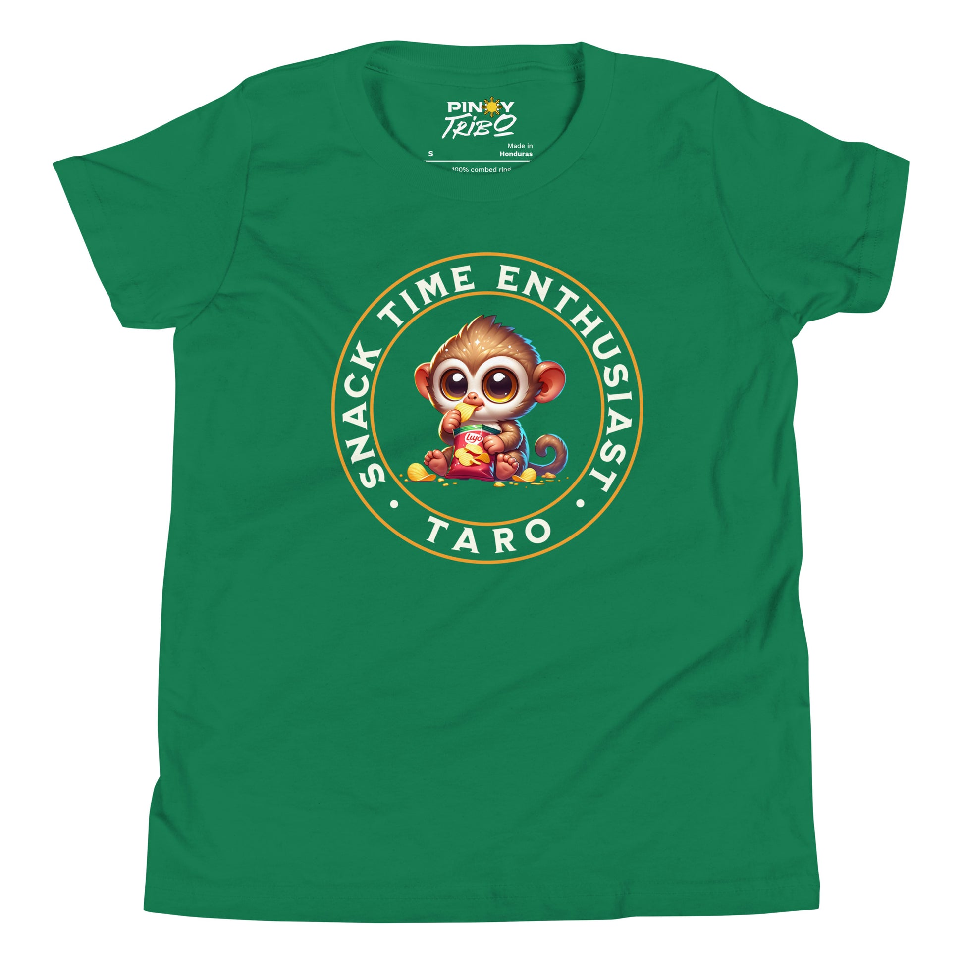 Cute cartoon Philippine tarsier named Taro eating chips with “Snack Time Enthusiast” text in a circular badge on a youth t-shirt design.