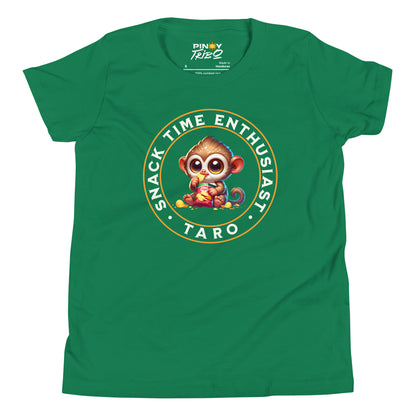Cute cartoon Philippine tarsier named Taro eating chips with “Snack Time Enthusiast” text in a circular badge on a youth t-shirt design.