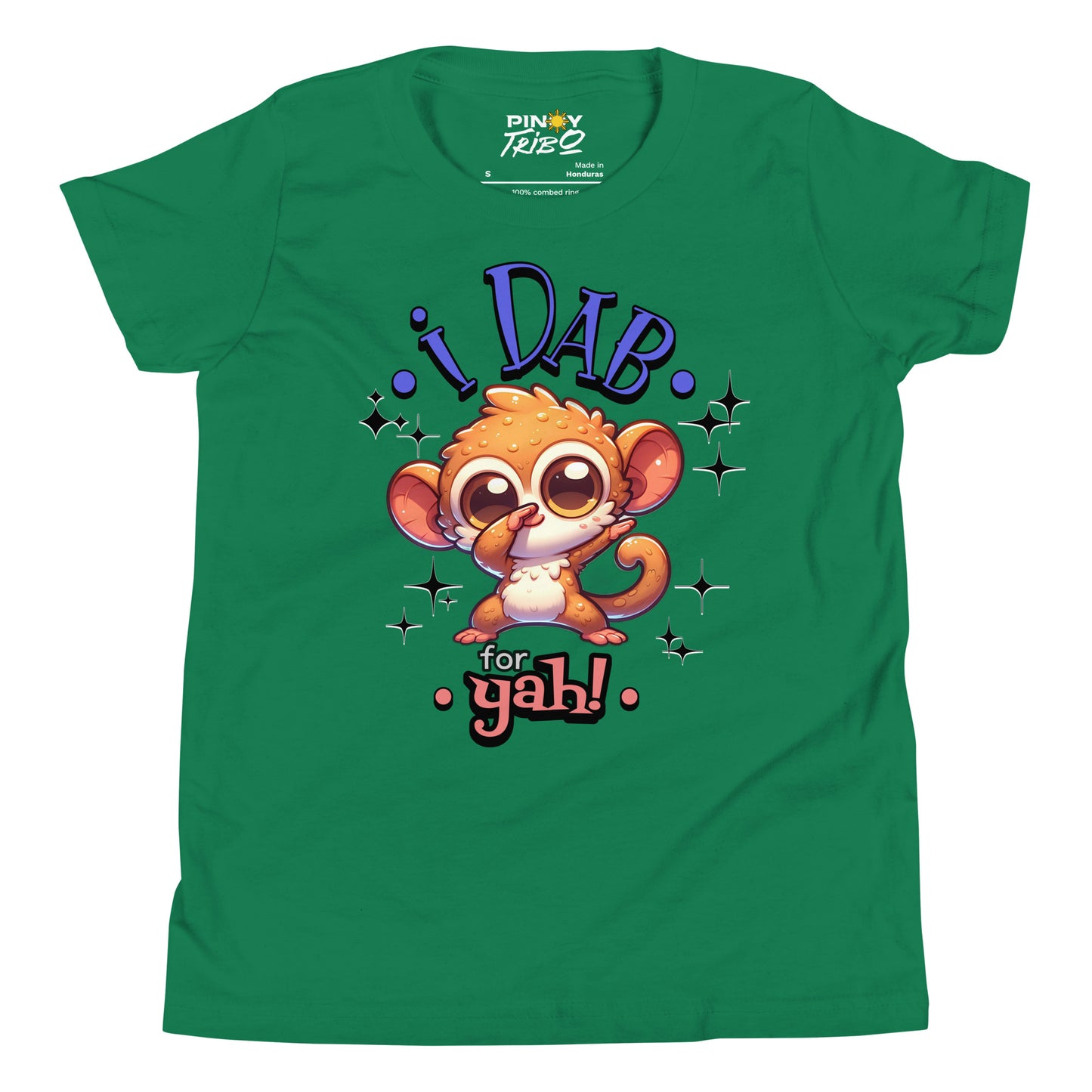 Cute cartoon Philippine tarsier named Taro dabbing with sparkling accents and “I Dab for Yah!” text on a youth t-shirt design.