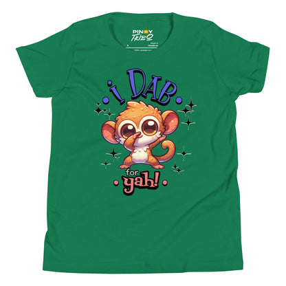 Cute cartoon Philippine tarsier named Taro dabbing with sparkling accents and “I Dab for Yah!” text on a youth t-shirt design.