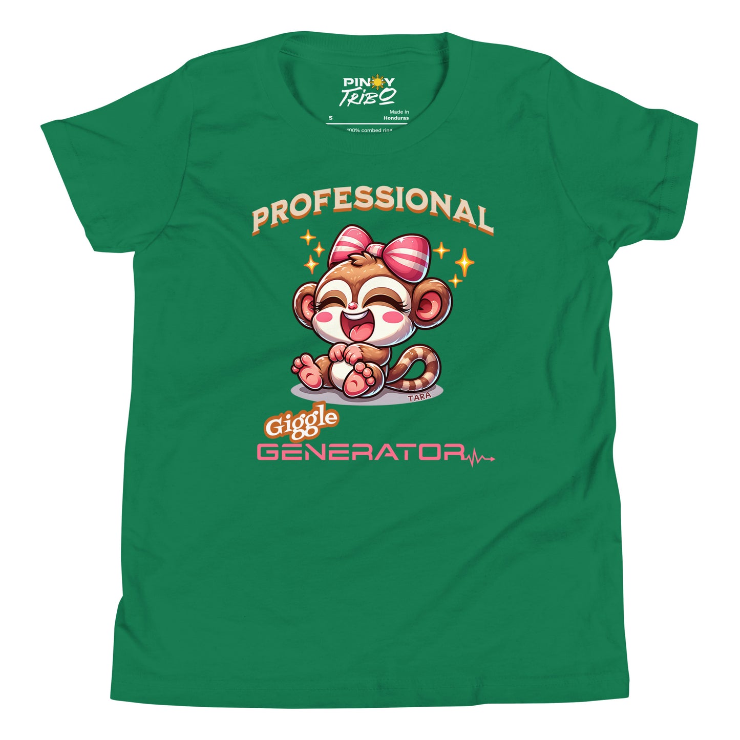Cute cartoon Philippine tarsier named Tara with a big bow, smiling and laughing, with “Professional Giggle Generator” text on a youth t-shirt design.