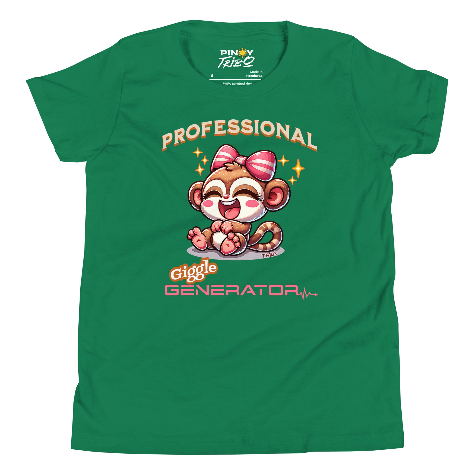Cute cartoon Philippine tarsier named Tara with a big bow, smiling and laughing, with “Professional Giggle Generator” text on a youth t-shirt design.