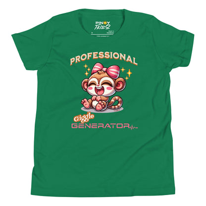 Cute cartoon Philippine tarsier named Tara with a big bow, smiling and laughing, with “Professional Giggle Generator” text on a youth t-shirt design.