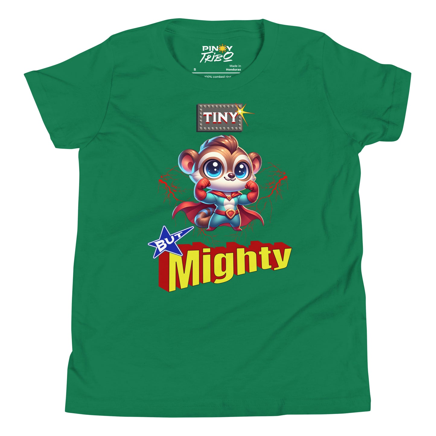 Cute cartoon Philippine tarsier dressed as a superhero with “Tiny But Mighty” text and lightning effects on a youth t-shirt design.