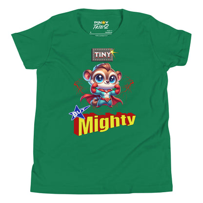 Cute cartoon Philippine tarsier dressed as a superhero with “Tiny But Mighty” text and lightning effects on a youth t-shirt design.