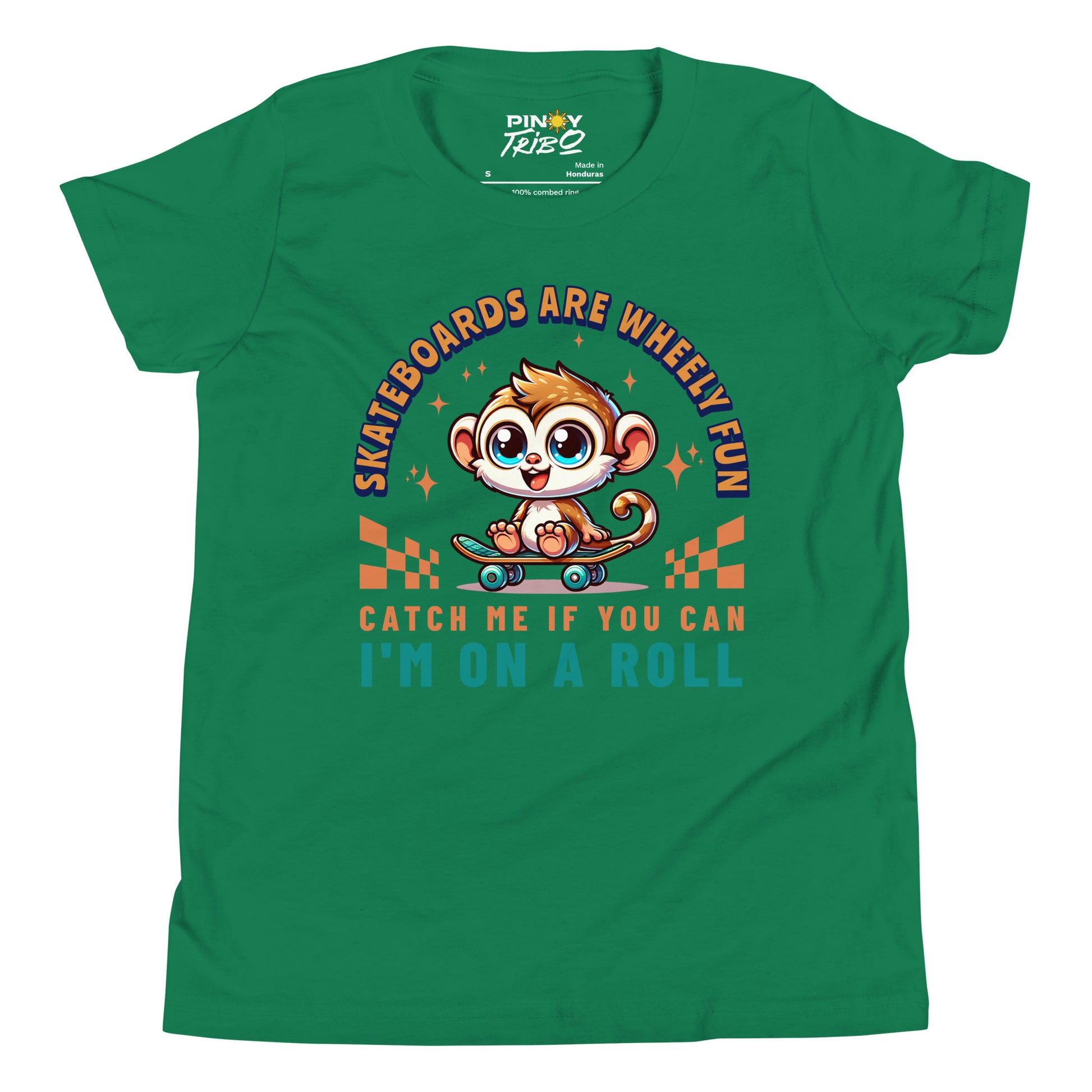 Cute cartoon Philippine tarsier riding a skateboard with playful text “Skateboards Are Wheely Fun,” “Catch Me If You Can,” and “I’m On a Roll” on a youth t-shirt design.