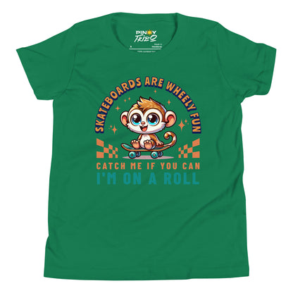 Cute cartoon Philippine tarsier riding a skateboard with playful text “Skateboards Are Wheely Fun,” “Catch Me If You Can,” and “I’m On a Roll” on a youth t-shirt design.