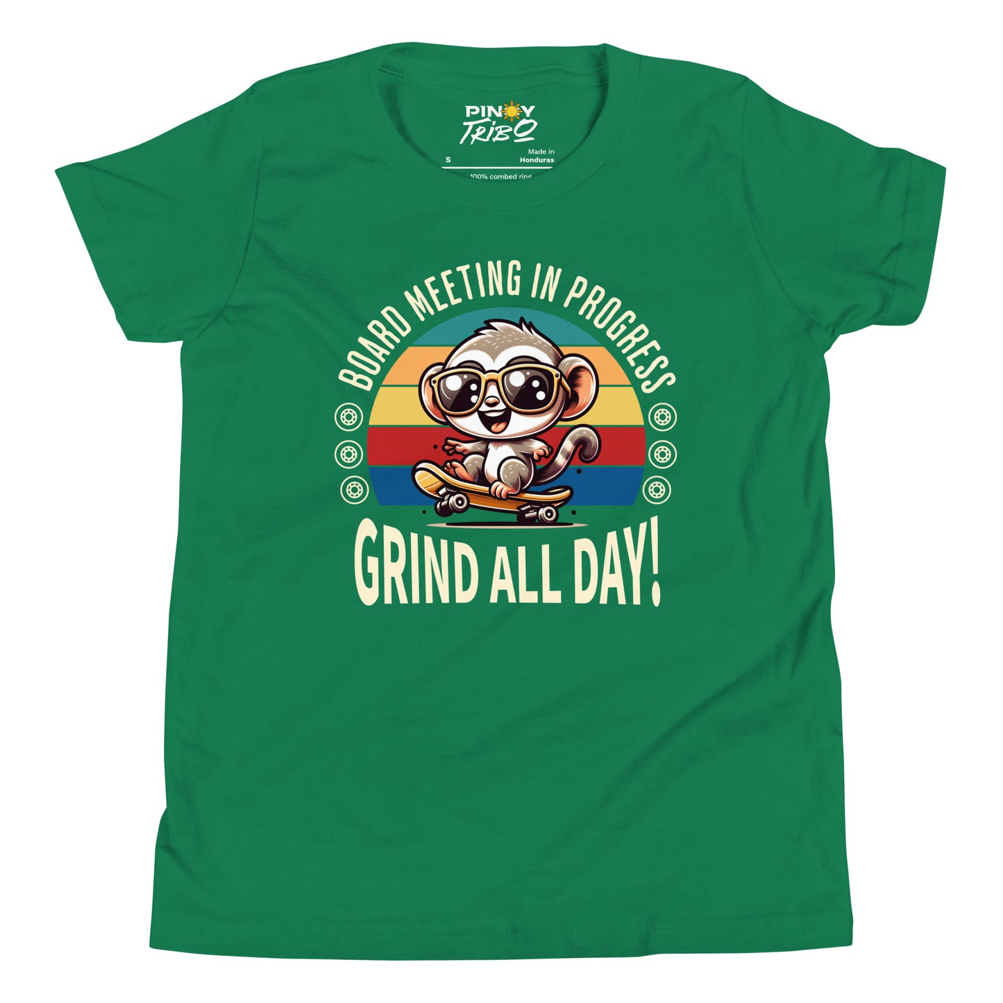 Cute cartoon Philippine tarsier wearing sunglasses, riding a skateboard with a retro striped background and the text “Board Meeting in Progress” and “Grind All Day!” on a youth t-shirt design.