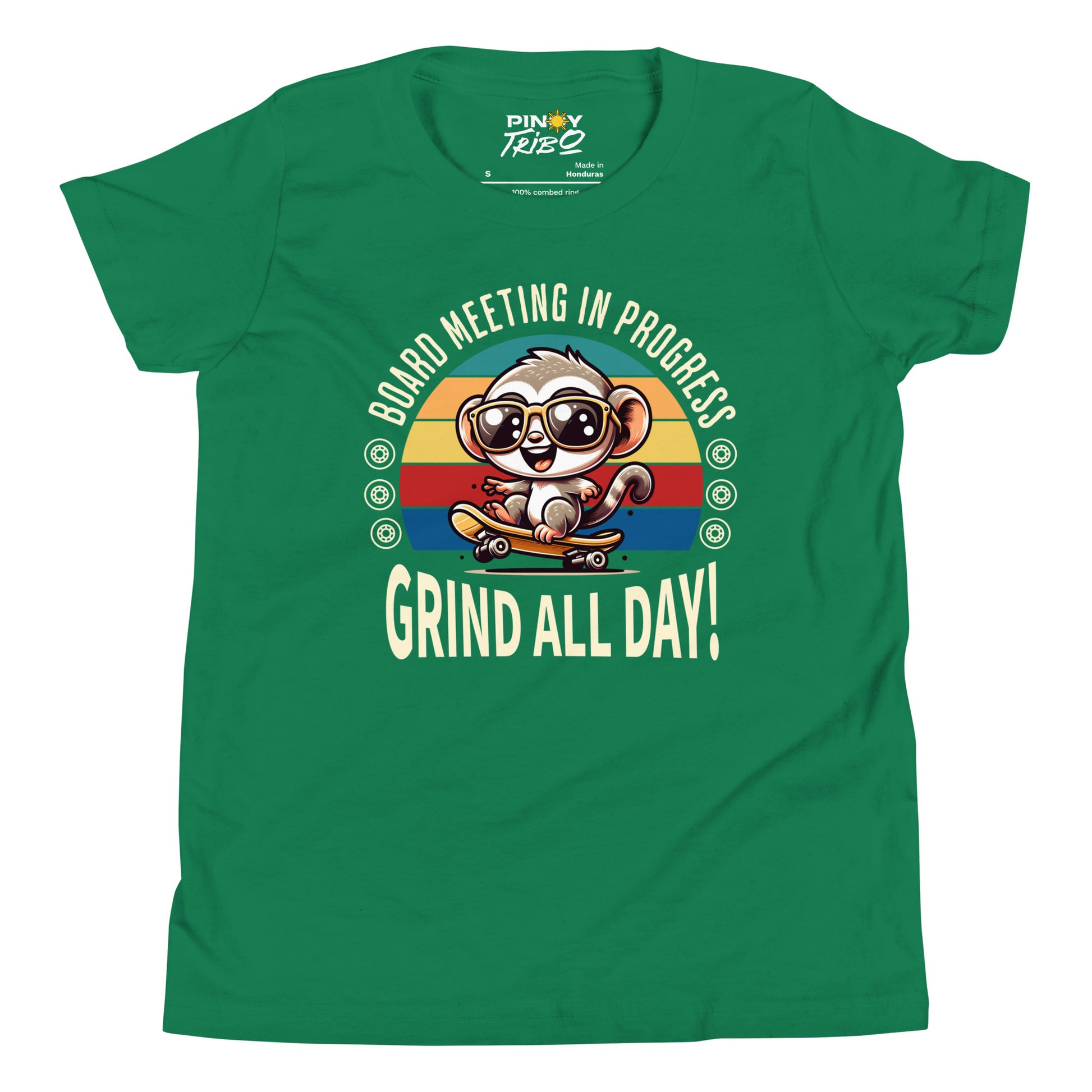 Cute cartoon Philippine tarsier wearing sunglasses, riding a skateboard with a retro striped background and the text “Board Meeting in Progress” and “Grind All Day!” on a youth t-shirt design.