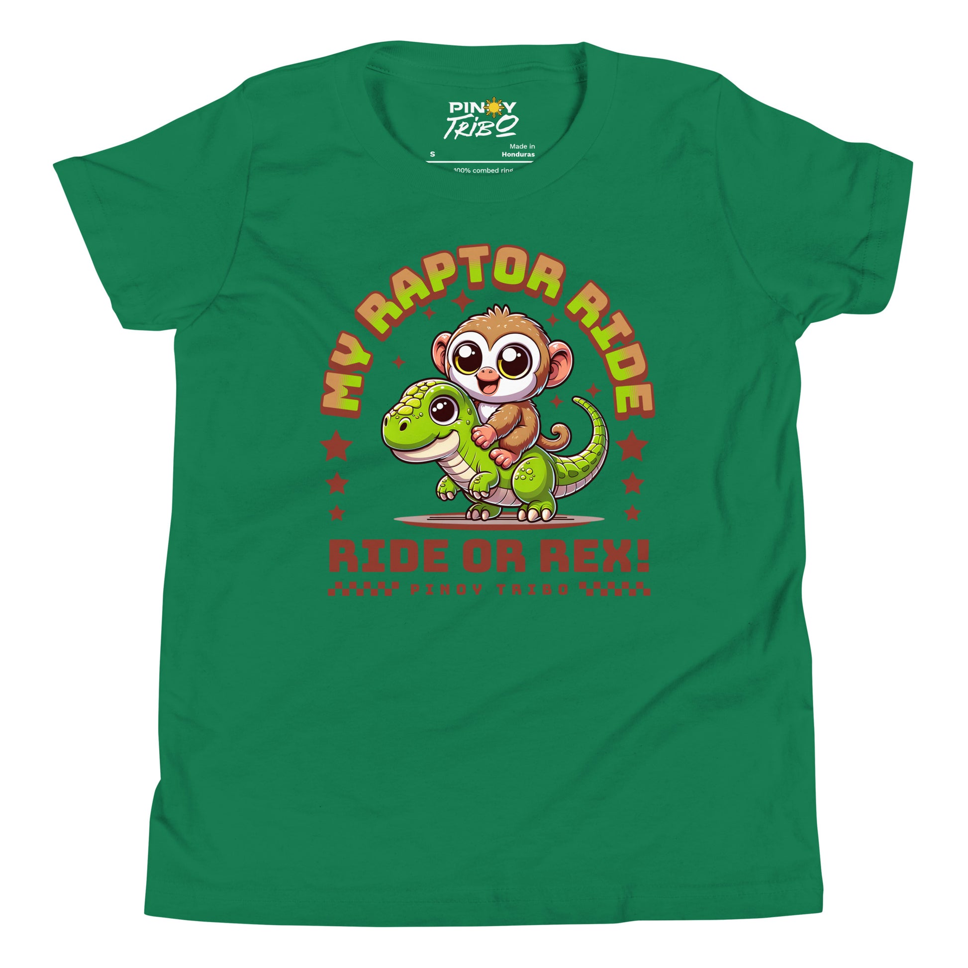Cute cartoon Philippine tarsier riding a green dinosaur with stars and the text “My Raptor Ride, Ride or Rex!” on a youth t-shirt design.