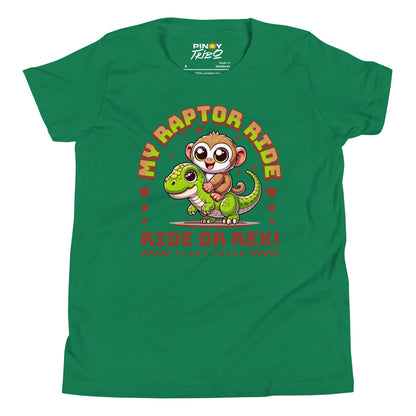 Cute cartoon Philippine tarsier riding a green dinosaur with stars and the text “My Raptor Ride, Ride or Rex!” on a youth t-shirt design.