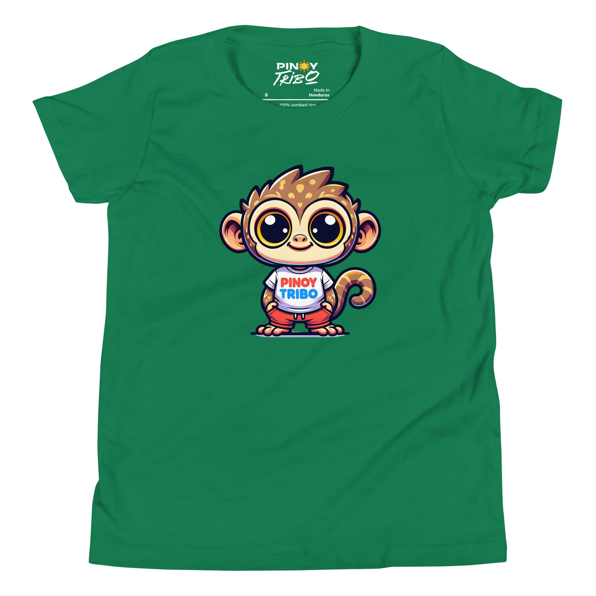 Cute cartoon Philippine tarsier wearing a t-shirt with the text “Pinoy Tribo” on a youth t-shirt design.