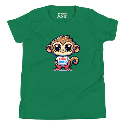 Cute cartoon Philippine tarsier wearing a t-shirt with the text “Pinoy Tribo” on a youth t-shirt design.