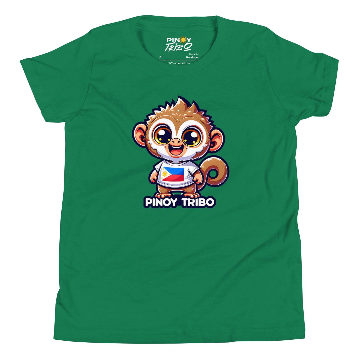 Cute cartoon Philippine tarsier wearing a shirt with the Philippine flag and “Pinoy Tribo” text on a youth t-shirt design.