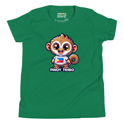 Cute cartoon Philippine tarsier wearing a shirt with the Philippine flag and “Pinoy Tribo” text on a youth t-shirt design.