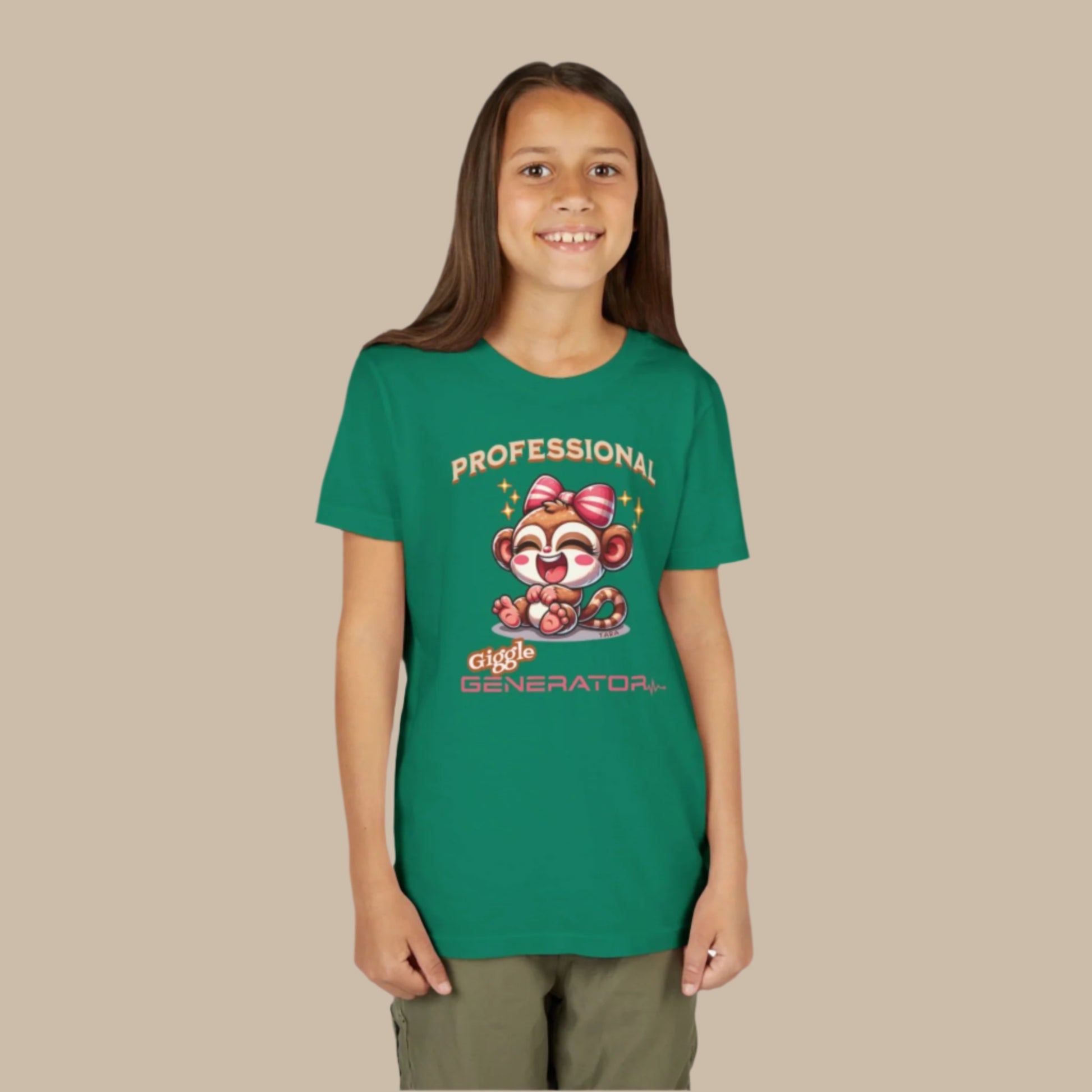 Cute cartoon Philippine tarsier named Tara with a big bow, smiling and laughing, with “Professional Giggle Generator” text on a youth t-shirt design.