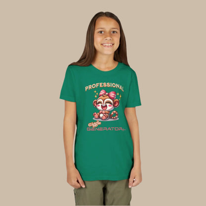 Cute cartoon Philippine tarsier named Tara with a big bow, smiling and laughing, with “Professional Giggle Generator” text on a youth t-shirt design.