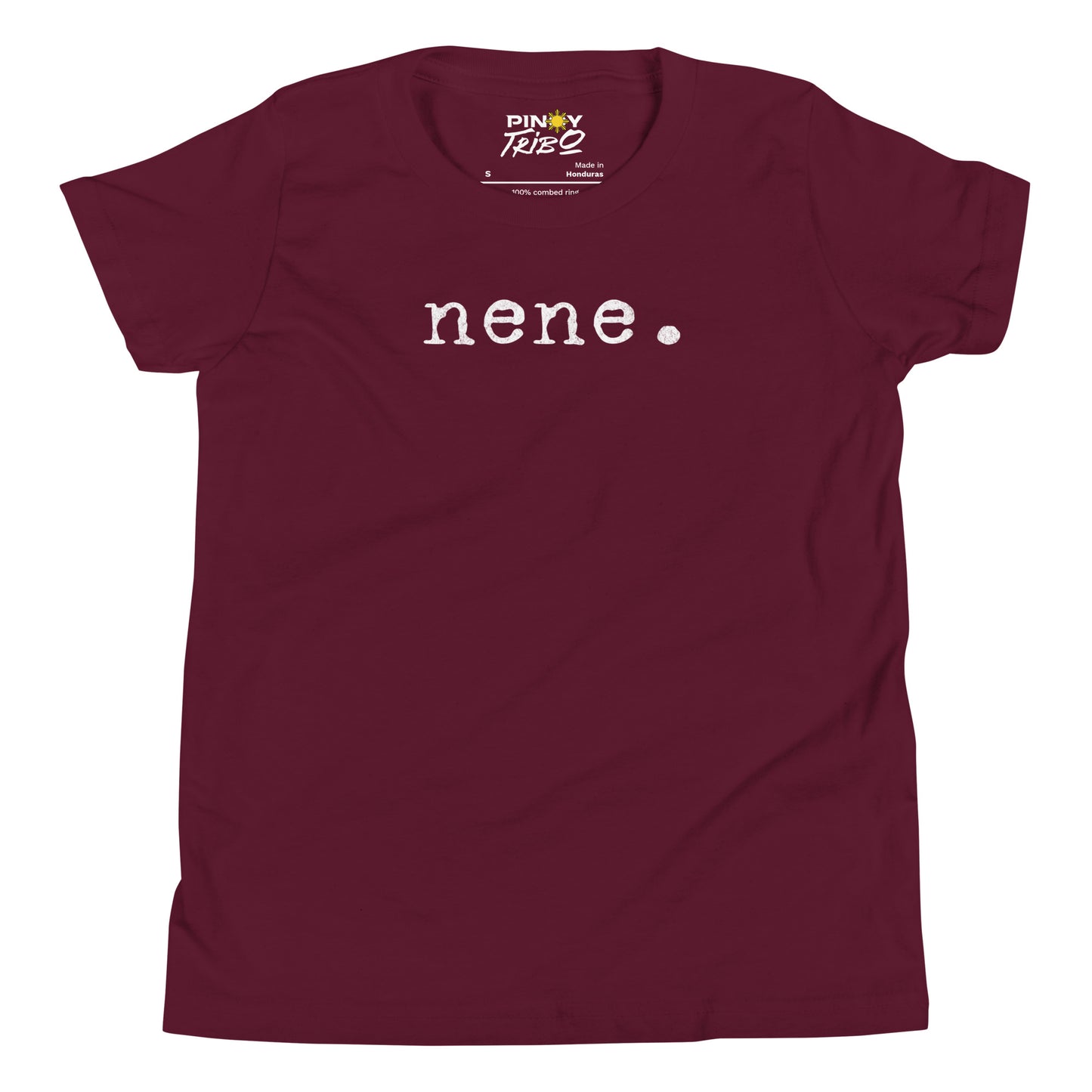 Minimalist white text “nene.” in a typewriter-style font on a youth t-shirt design.