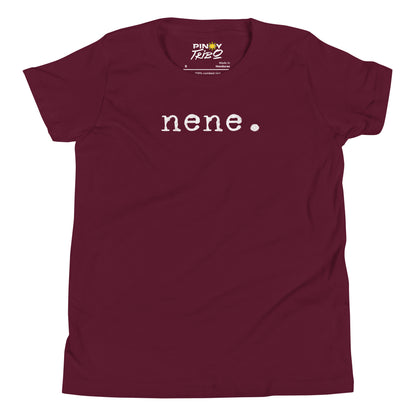 Minimalist white text “nene.” in a typewriter-style font on a youth t-shirt design.