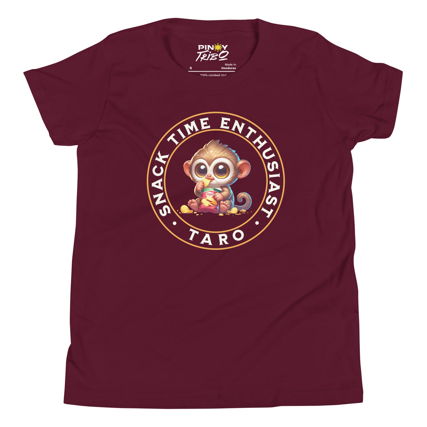 Cute cartoon Philippine tarsier named Taro eating chips with “Snack Time Enthusiast” text in a circular badge on a youth t-shirt design.