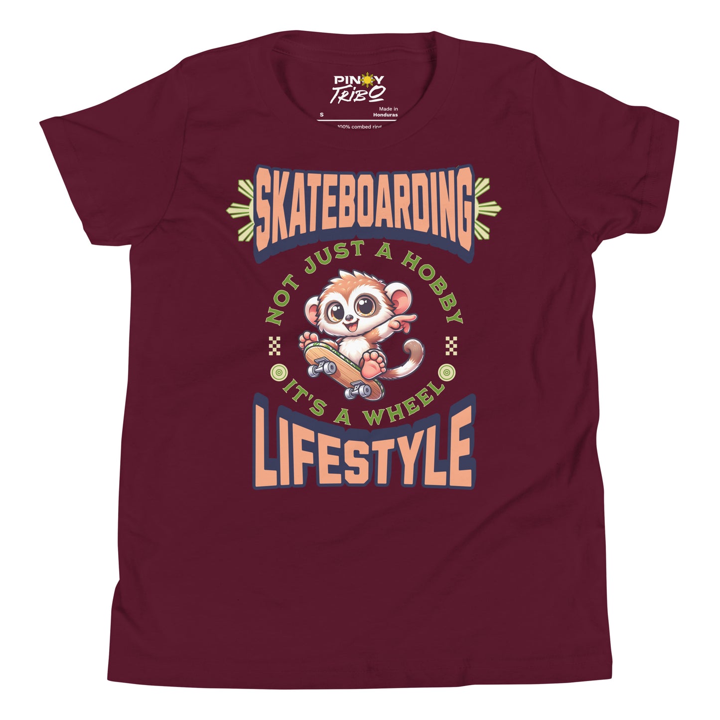 Cute cartoon Philippine tarsier riding a skateboard with the text “Skateboarding Not Just a Hobby, It’s a Wheel Lifestyle” on a youth t-shirt design.