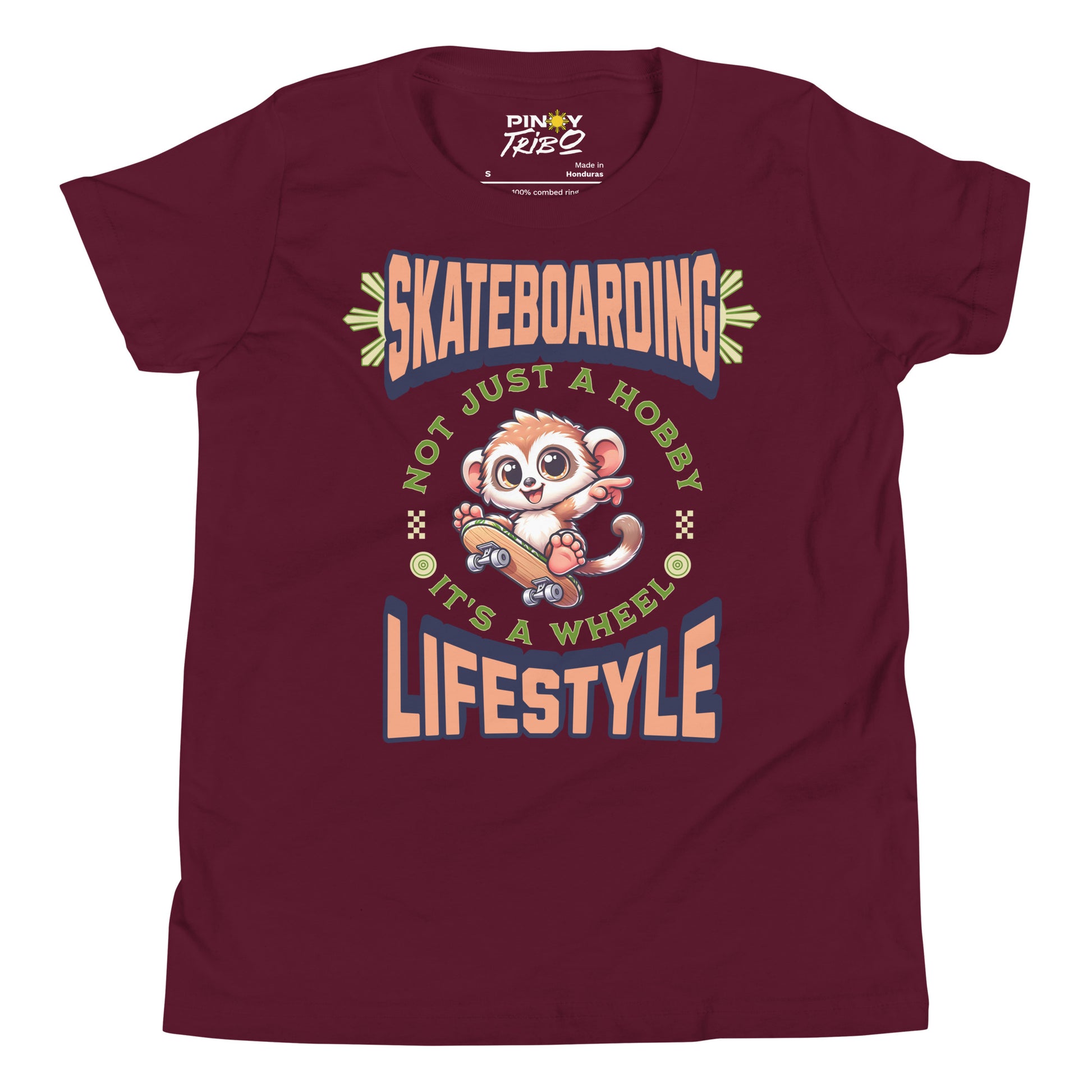Cute cartoon Philippine tarsier riding a skateboard with the text “Skateboarding Not Just a Hobby, It’s a Wheel Lifestyle” on a youth t-shirt design.