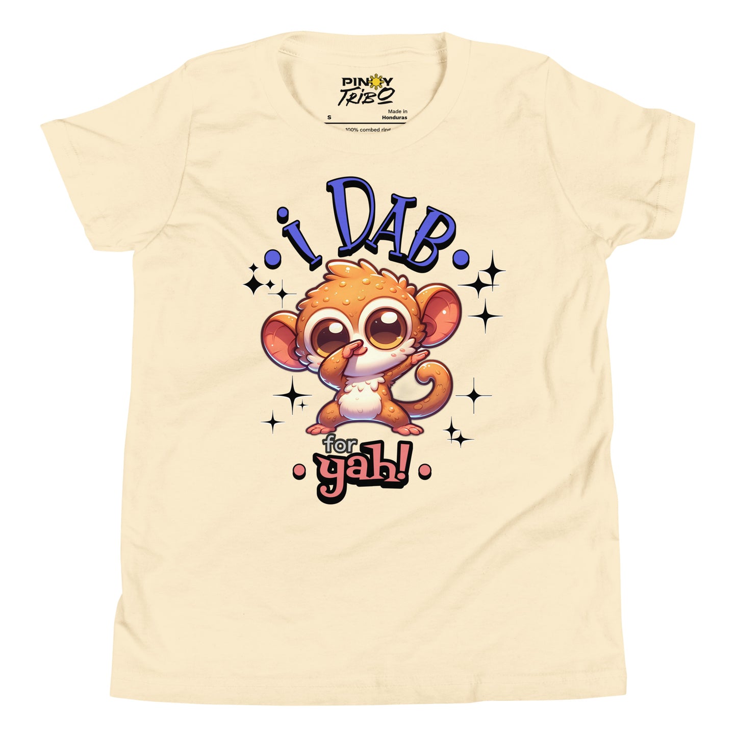 Cute cartoon Philippine tarsier named Taro dabbing with sparkling accents and “I Dab for Yah!” text on a youth t-shirt design.
