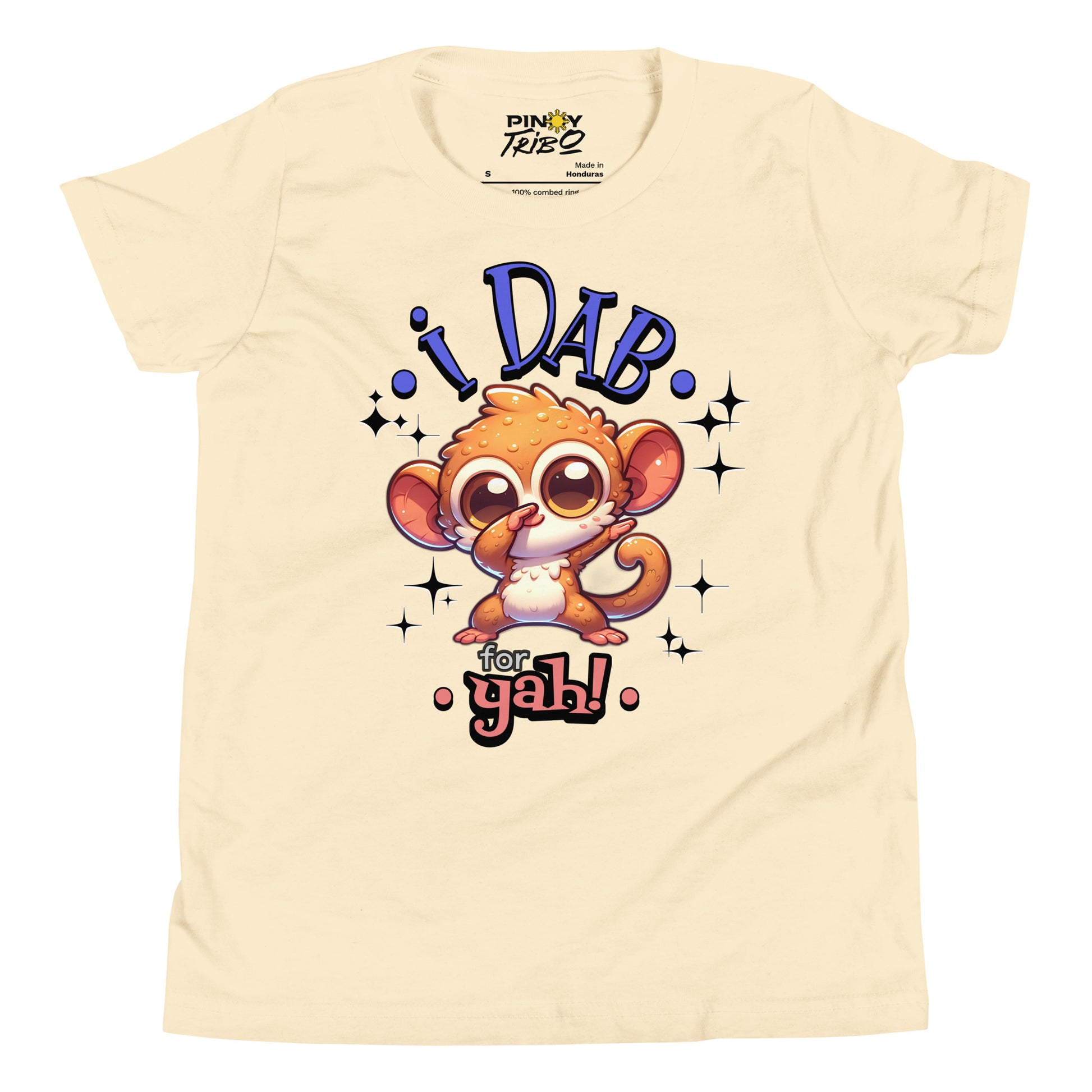 Cute cartoon Philippine tarsier named Taro dabbing with sparkling accents and “I Dab for Yah!” text on a youth t-shirt design.
