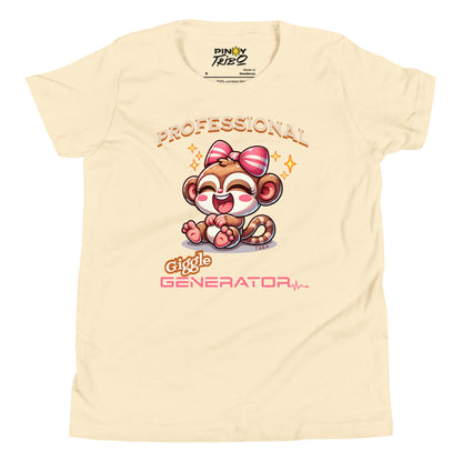 Cute cartoon Philippine tarsier named Tara with a big bow, smiling and laughing, with “Professional Giggle Generator” text on a youth t-shirt design.