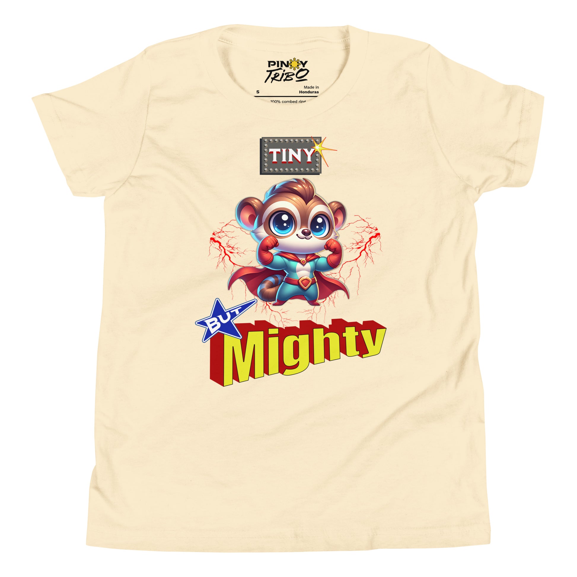 Cute cartoon Philippine tarsier dressed as a superhero with “Tiny But Mighty” text and lightning effects on a youth t-shirt design.